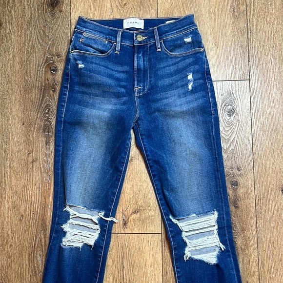 FRAME Ripped High Waist Raw Hem Skinny Crop Jeans in Gaby Wash Size 25 - Picture 5 of 10